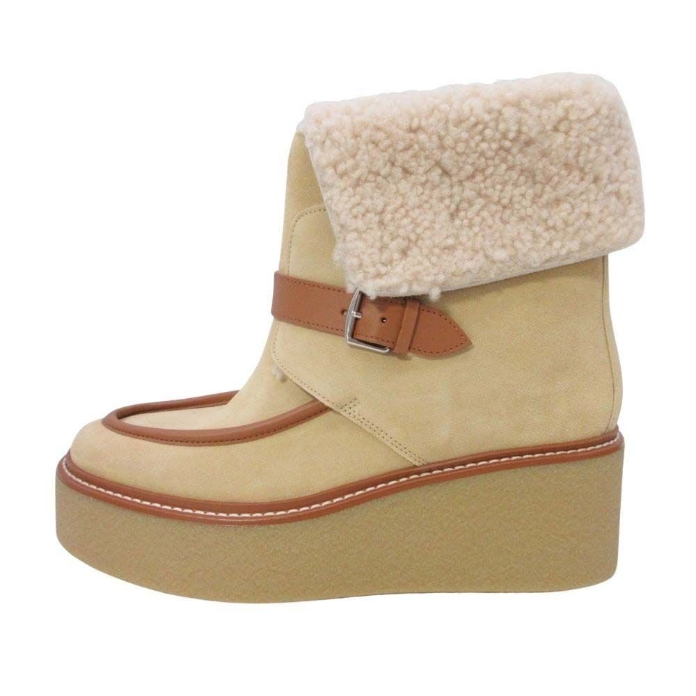 Hermes Shearling Boots 2-Way Platform Shoes 38.5 Beige
