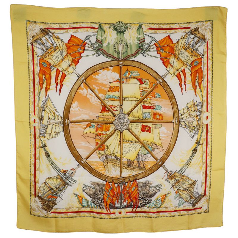 Hermes Carré 90 Vive Le Vent Windblown Silk Yellow Women's Scarf