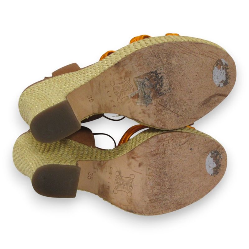 Good Celine Leather Trin-off Logo Ankle Strap Wedge Sole Sandals 35 Approx 22cm