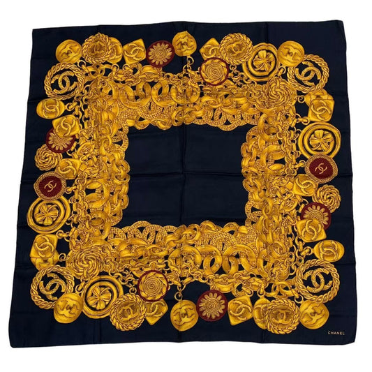 Chanel Scarf Silk CC Logo Gold Black