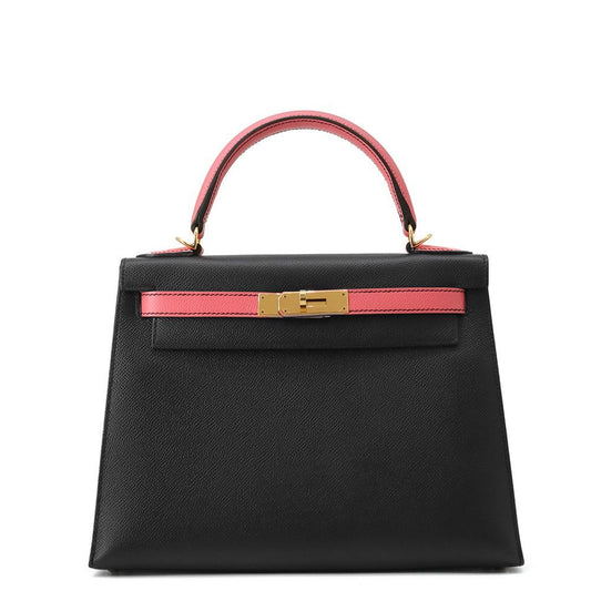 Hermes Handbag Kelly 28 Sellier Black Rose Azalea Gold Epsom