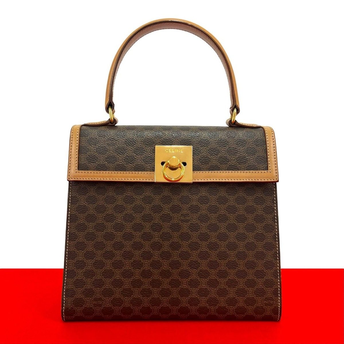 Celine Vintage Macadam Pattern Logo Ring Leather Tote Brown