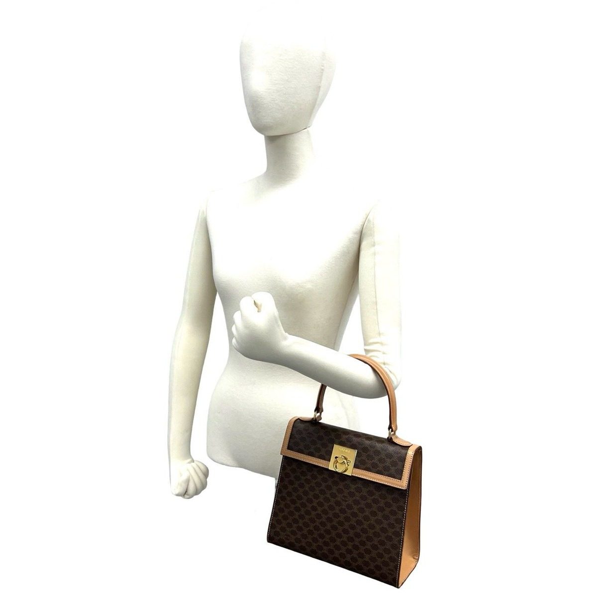 Celine Vintage Macadam Pattern Logo Ring Leather Tote Brown — view 2