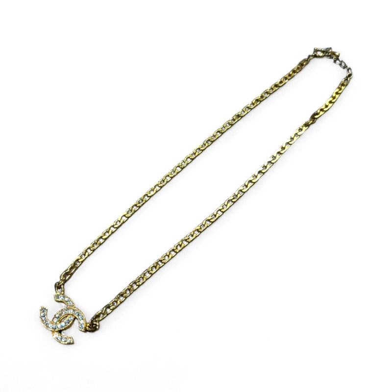 Chanel 3312 Engraved 70s Vintage Rhinestone Coco Mark Necklace Women's Gold