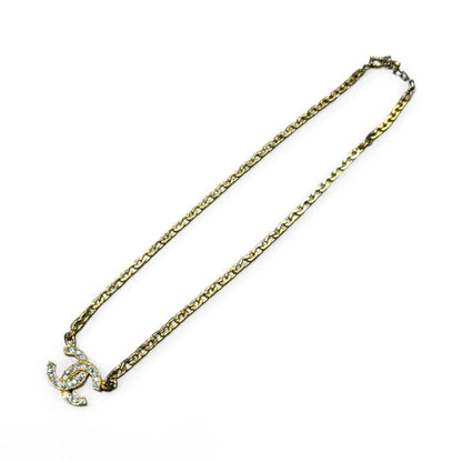 Chanel 3312 Engraved 70s Vintage Rhinestone Coco Mark Necklace Women's Gold