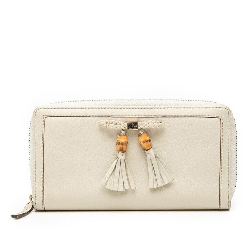 Gucci Bamboo Ribbon Tassel Zip Around Wallet Beige Leather