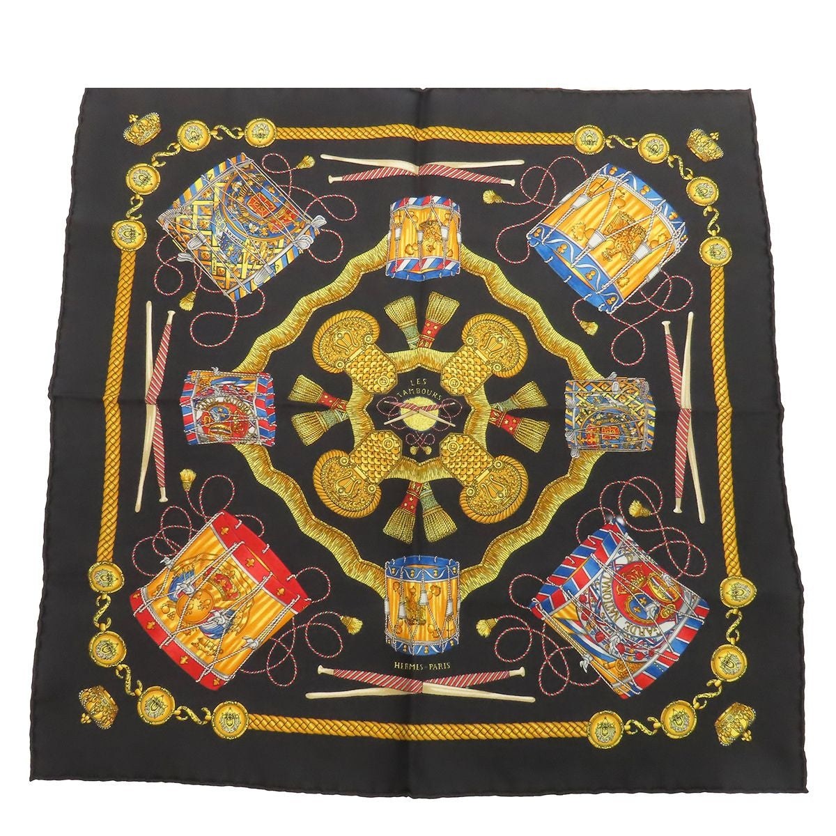 Hermes Petit Carre Black Multicolor Silk les Tambour Drum Scarf