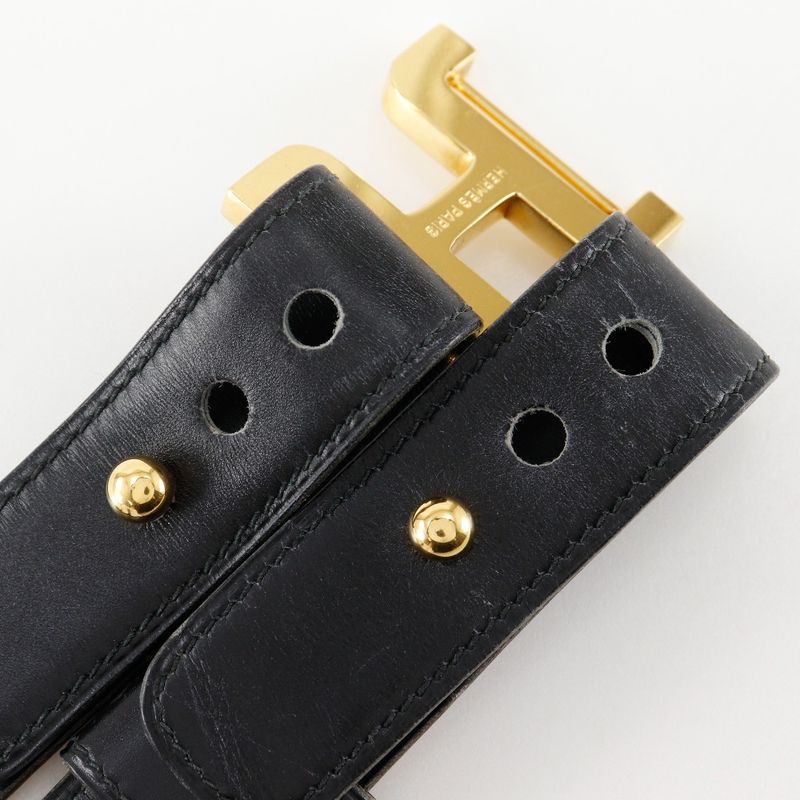 Hermes H Belt Vintage Calf And Gold Plated Black 00G Ladies Belt