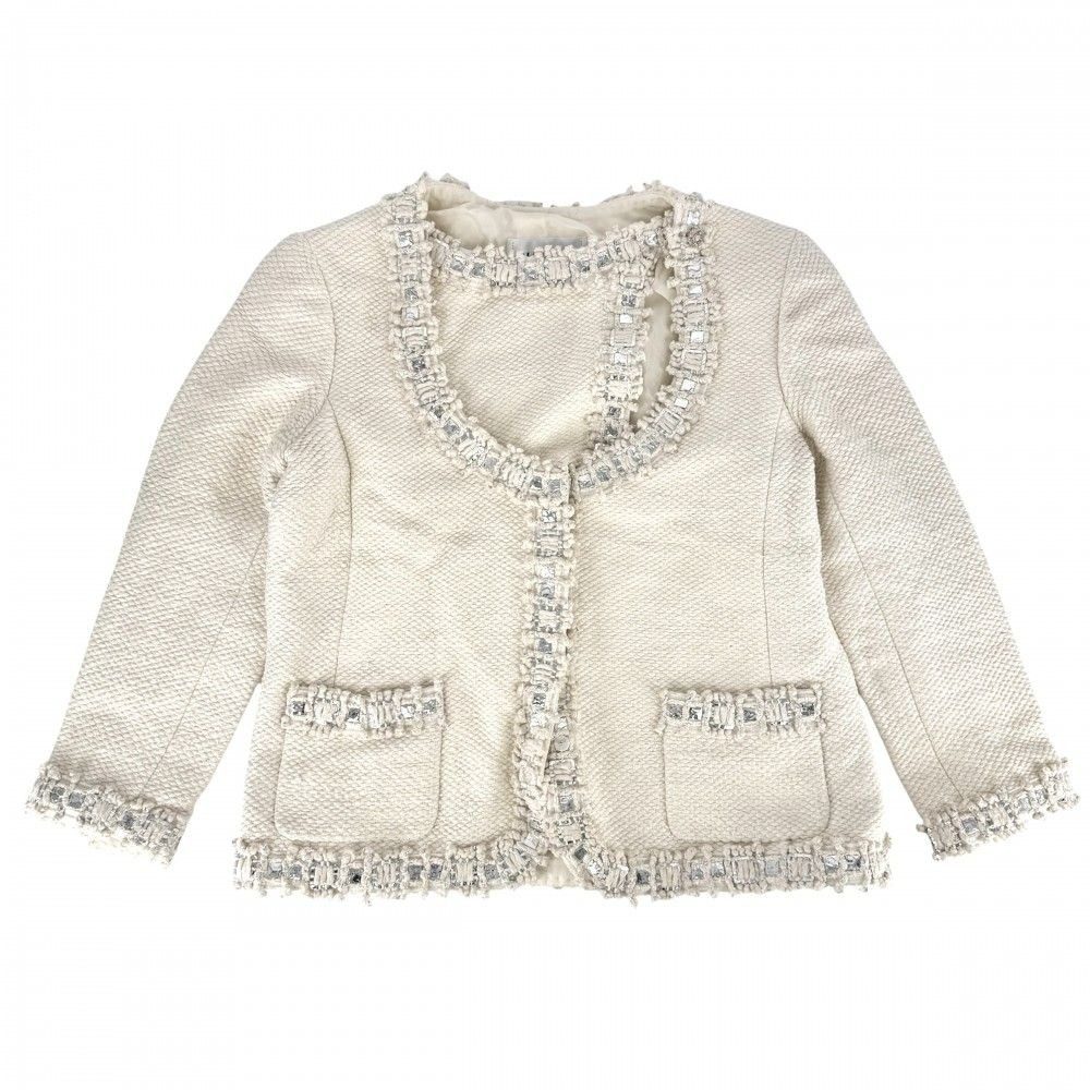 Chanel Collarless Jacket 42 Ivory Silk