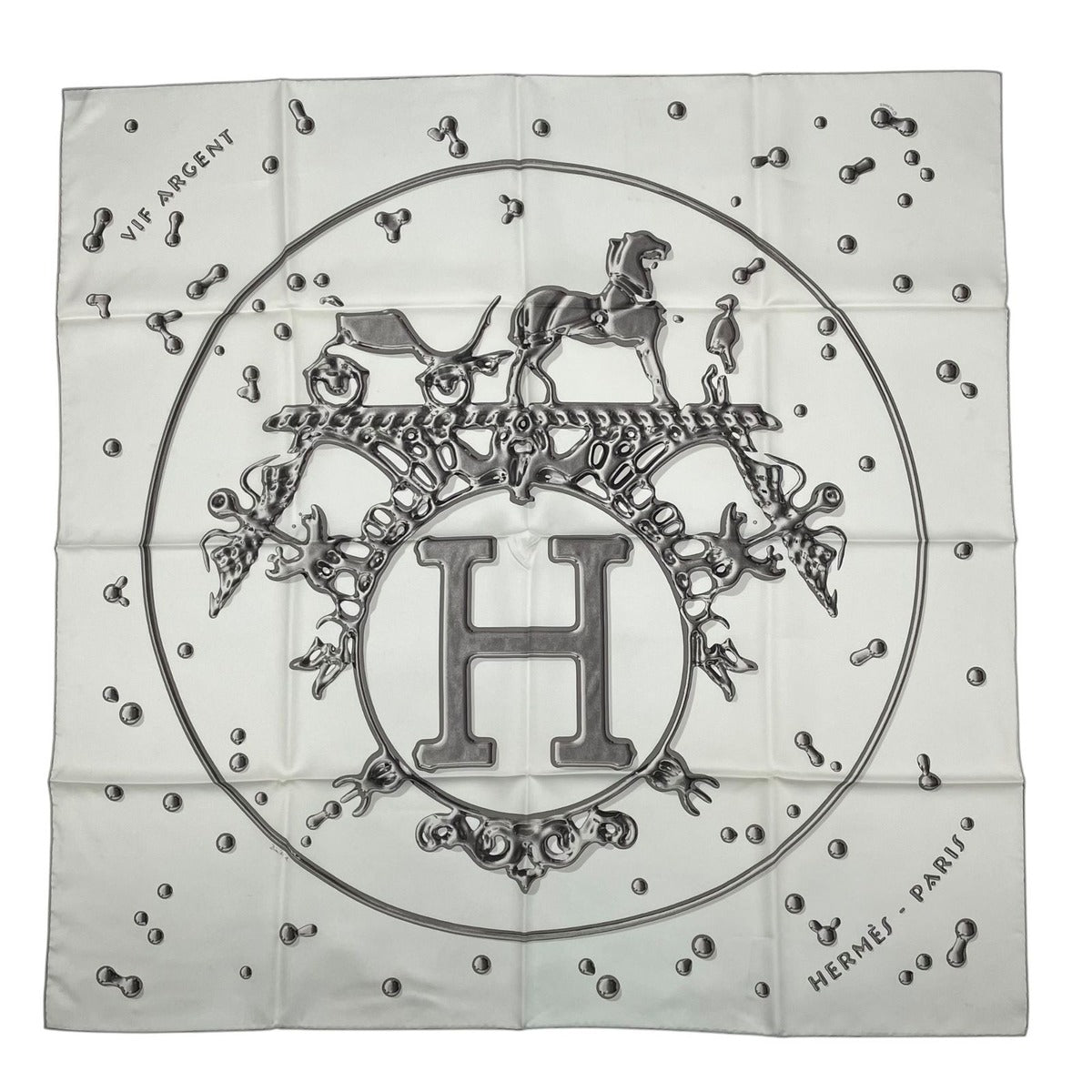 Hermes Scarf Carre 90 100% Silk Vif Argent Silver Drop White