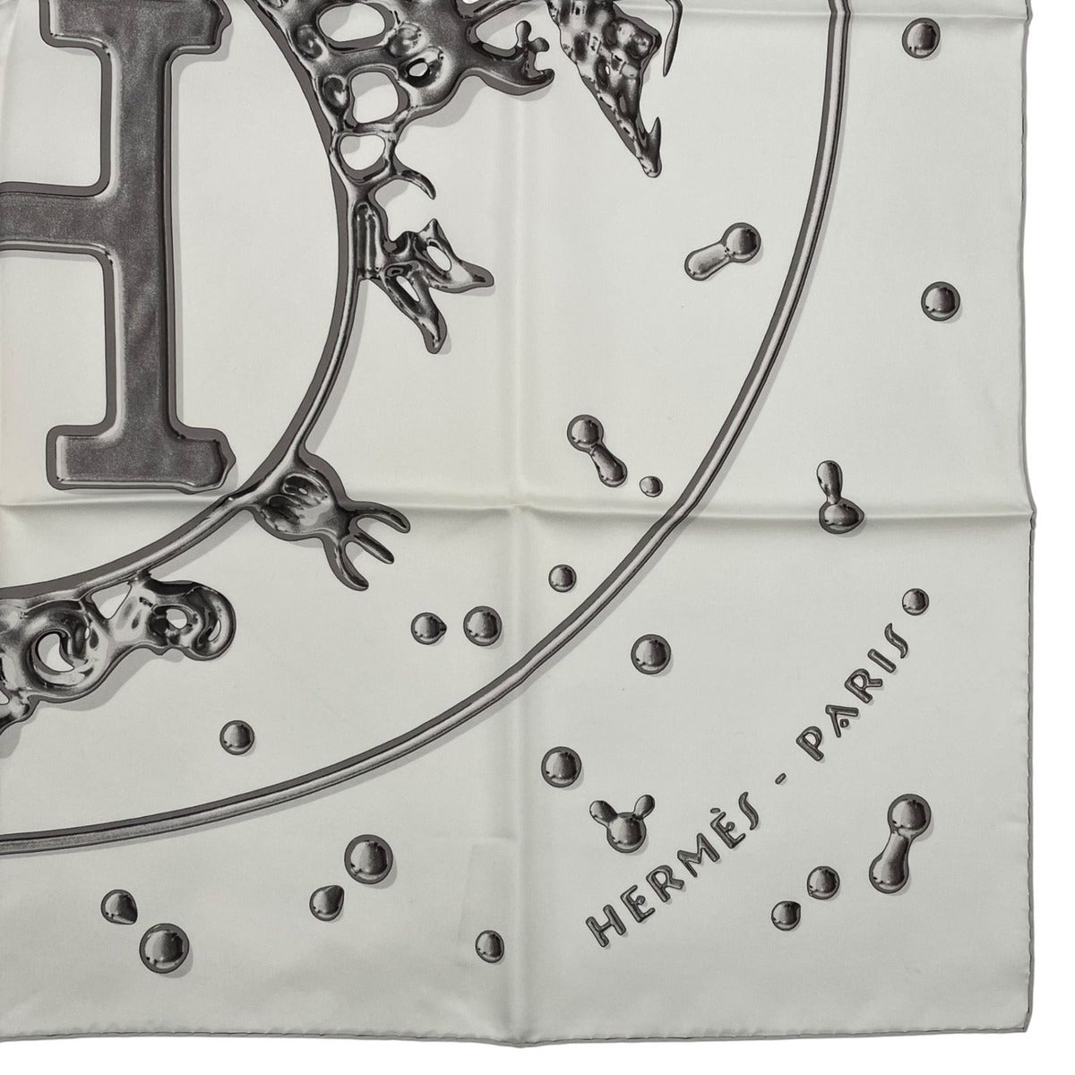 Hermes Scarf Carre 90 100% Silk Vif Argent Silver Drop White — view 5