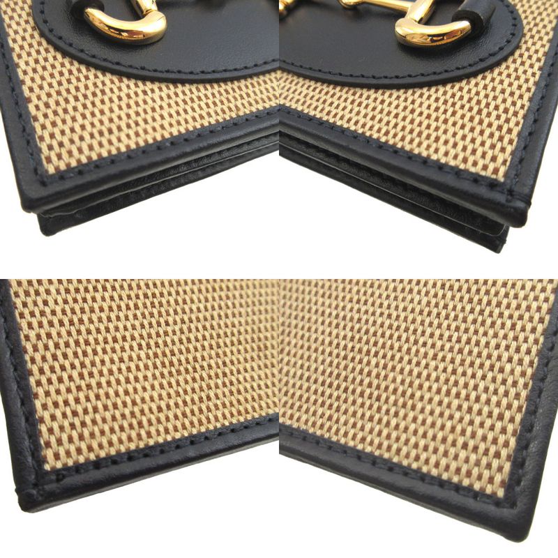 Gucci Horsebit 621887 Compact Wallet Canvas Leather Beige Navy Blue Bifold