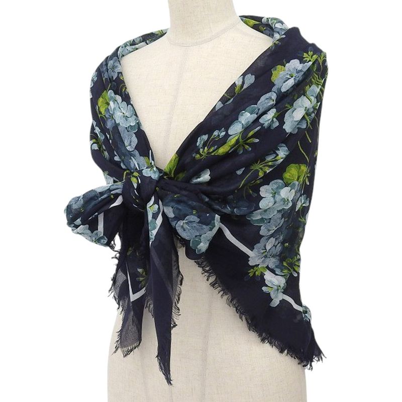 Super With Box Gucci 2016 Item Floral Silk Rayon Fringe Shawl Scarf Navy