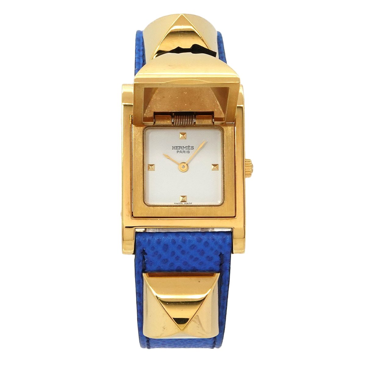 Hermes Medor Vintage Watch Pyramid Gold Studs White Leather Quartz