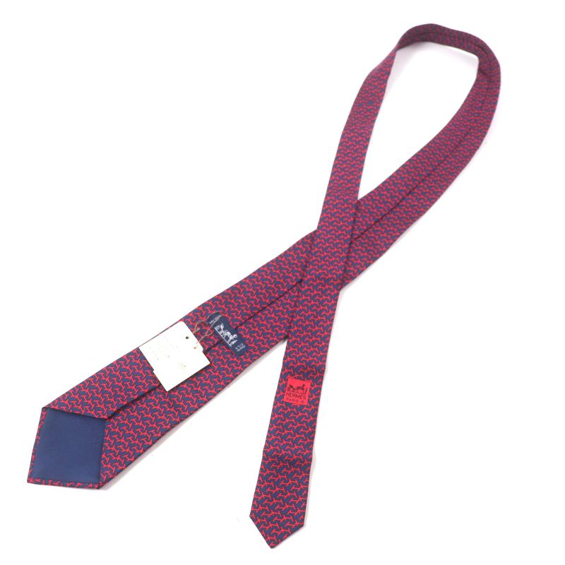 Hermes 100% Silk Marine/rouge Clavat H Motif All-over Pattern Tie Made In