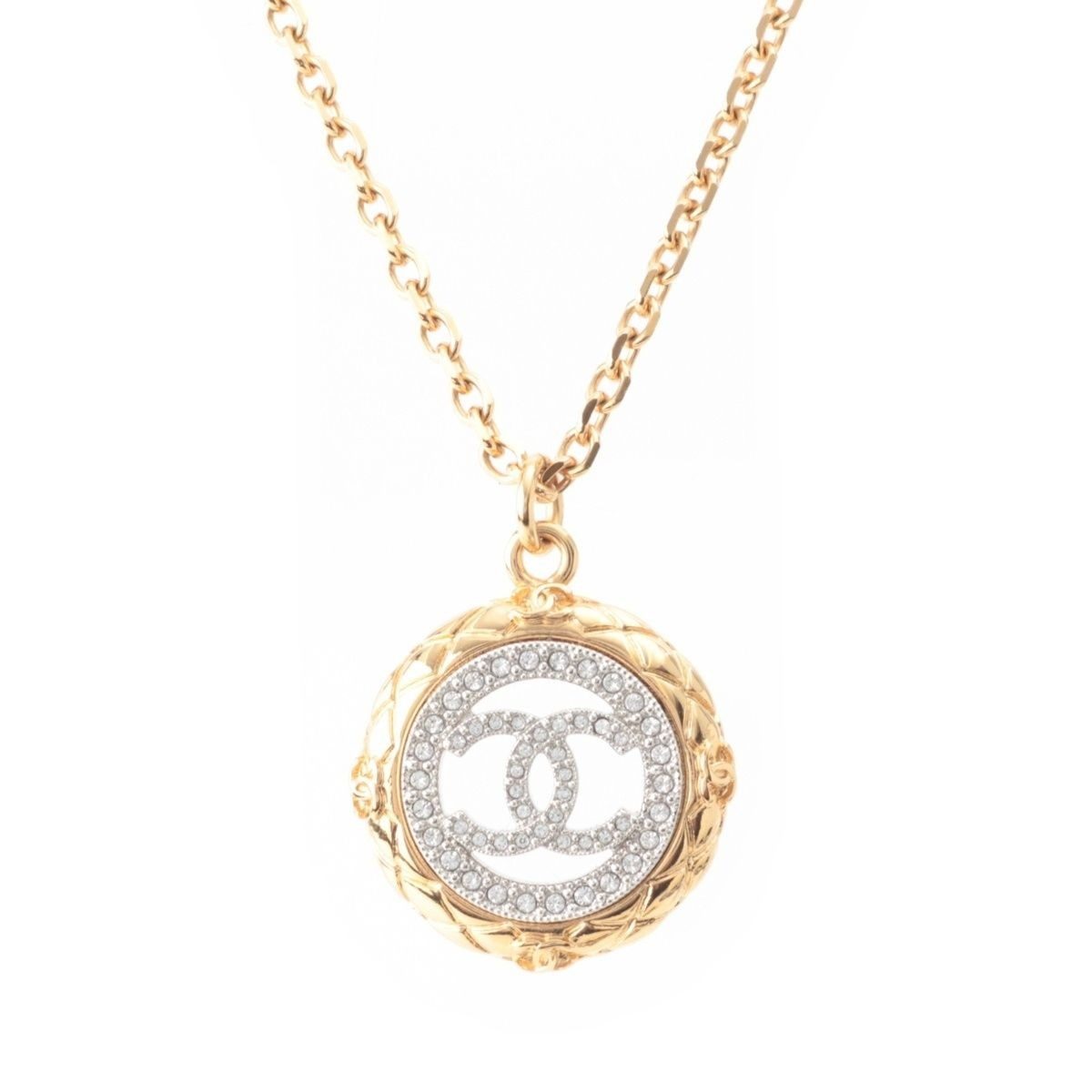Chanel CC Logo Line Stone Necklace Gold Silver