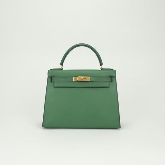 Hermes Kelly 28 Tote Courchevel Green Gold Handbag Sellier