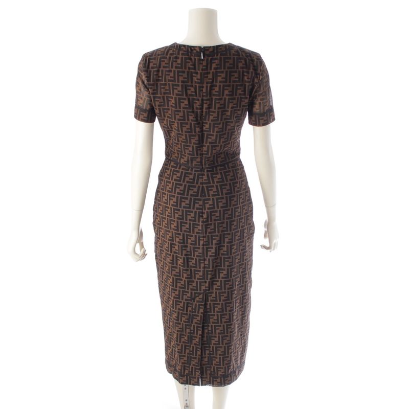 Fendi 19 Nylon Zucca Pattern Short Sleeve Crew Neck Long Dress Brown 38