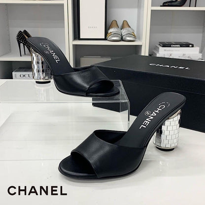 Chanel CC Logo Leather Mirror Heel Sandals Black