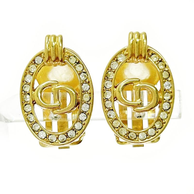 Christian Dior GP Rhinestone CD Logo Oval Earrings Gold 364052 Earrings