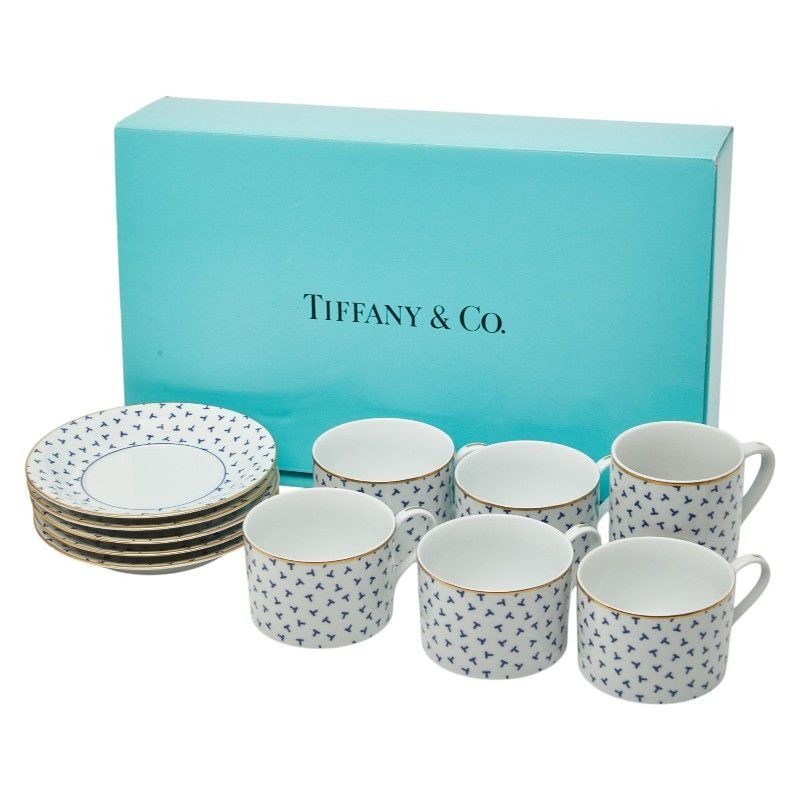 Tiffany & Co Dancing T Cup Saucer Set White Blue Gold Porcelain