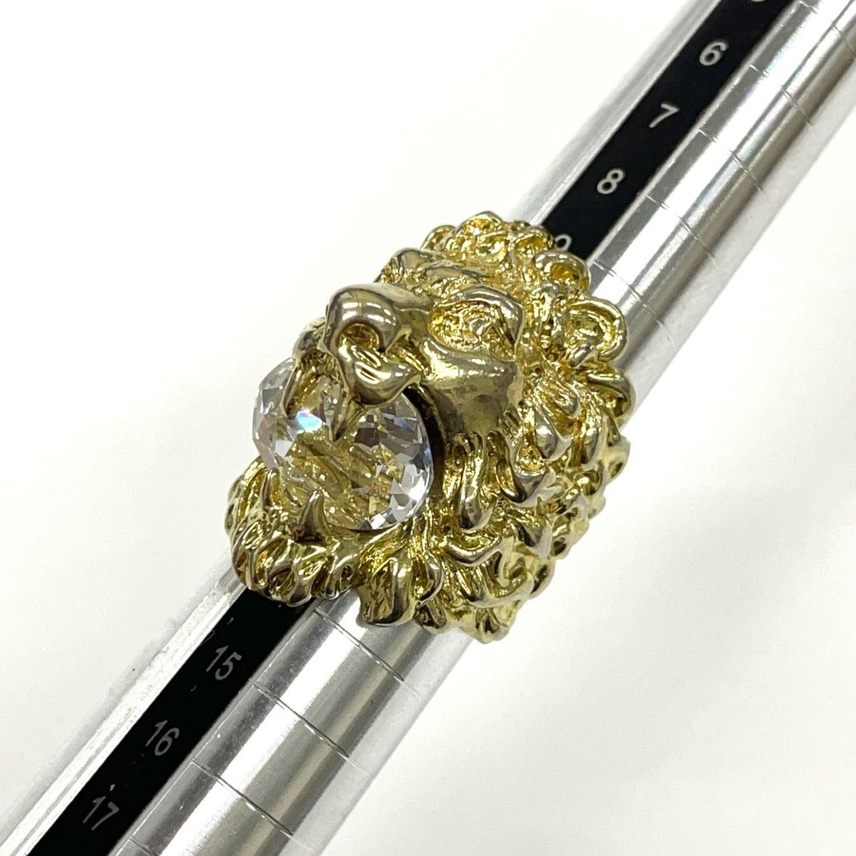 Gucci Michele Era Lion Head Stone Ring Gold Clear