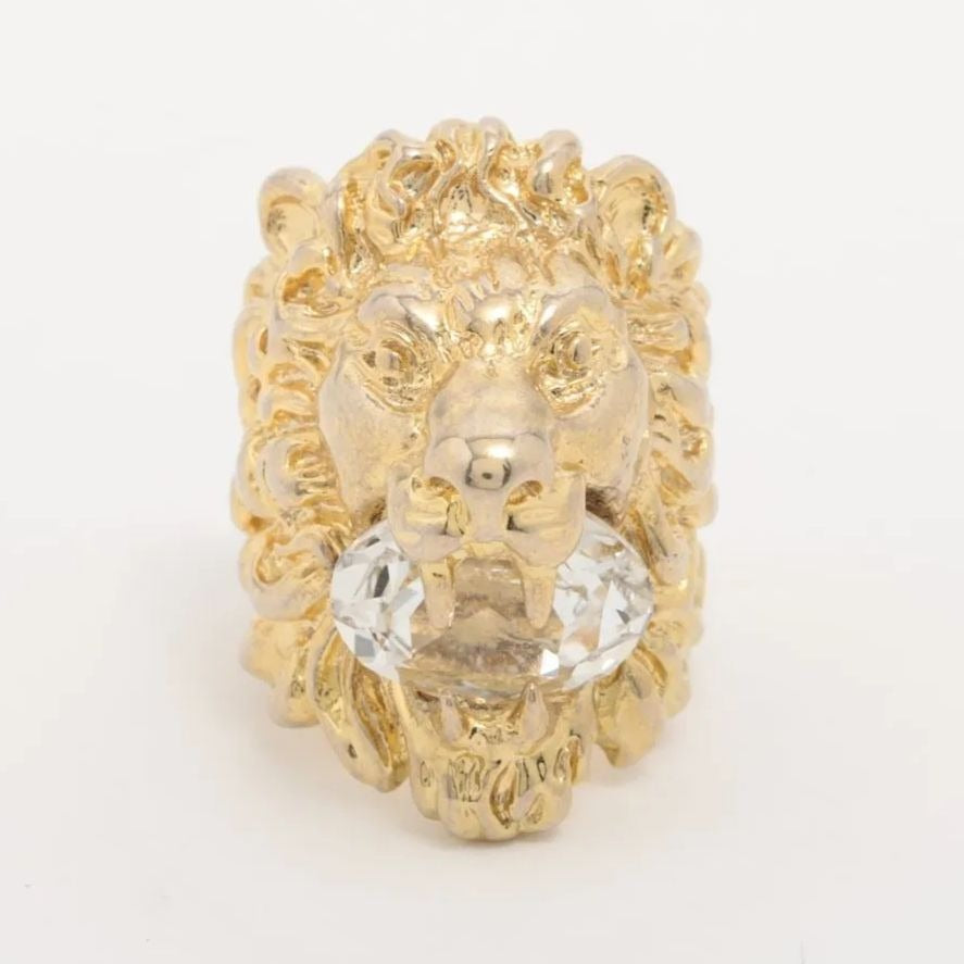 Gucci Michele Era Lion Head Stone Ring Gold Clear