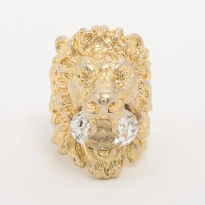 Gucci Michele Era Lion Head Stone Ring Gold Clear