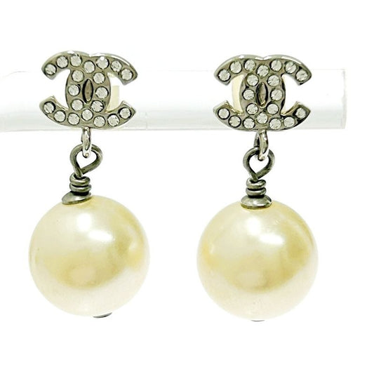 Chanel Metal Rhinestone Faux Pearl B14 V Coco Mark Swing Earrings Silver