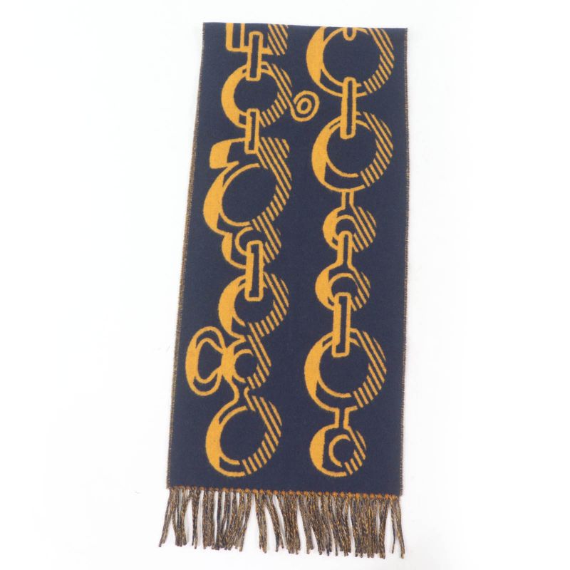 Hermes Dre Buckle Cashmere Echarpe Tisse Fringed Reversible Scarf Navy With Box