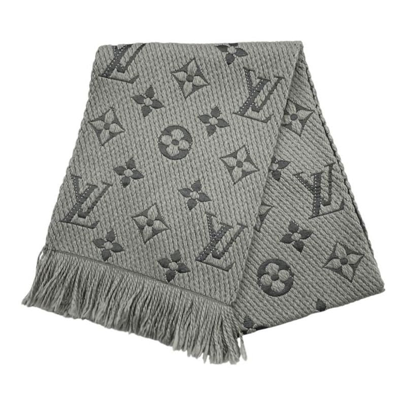 Louis Vuitton Muffler Echarpe Logomania Wool Silk Monogram Gray Scarf