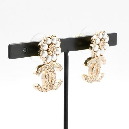 Chanel Earrings Earring Gold White Coco Mark Flower Rhinestone