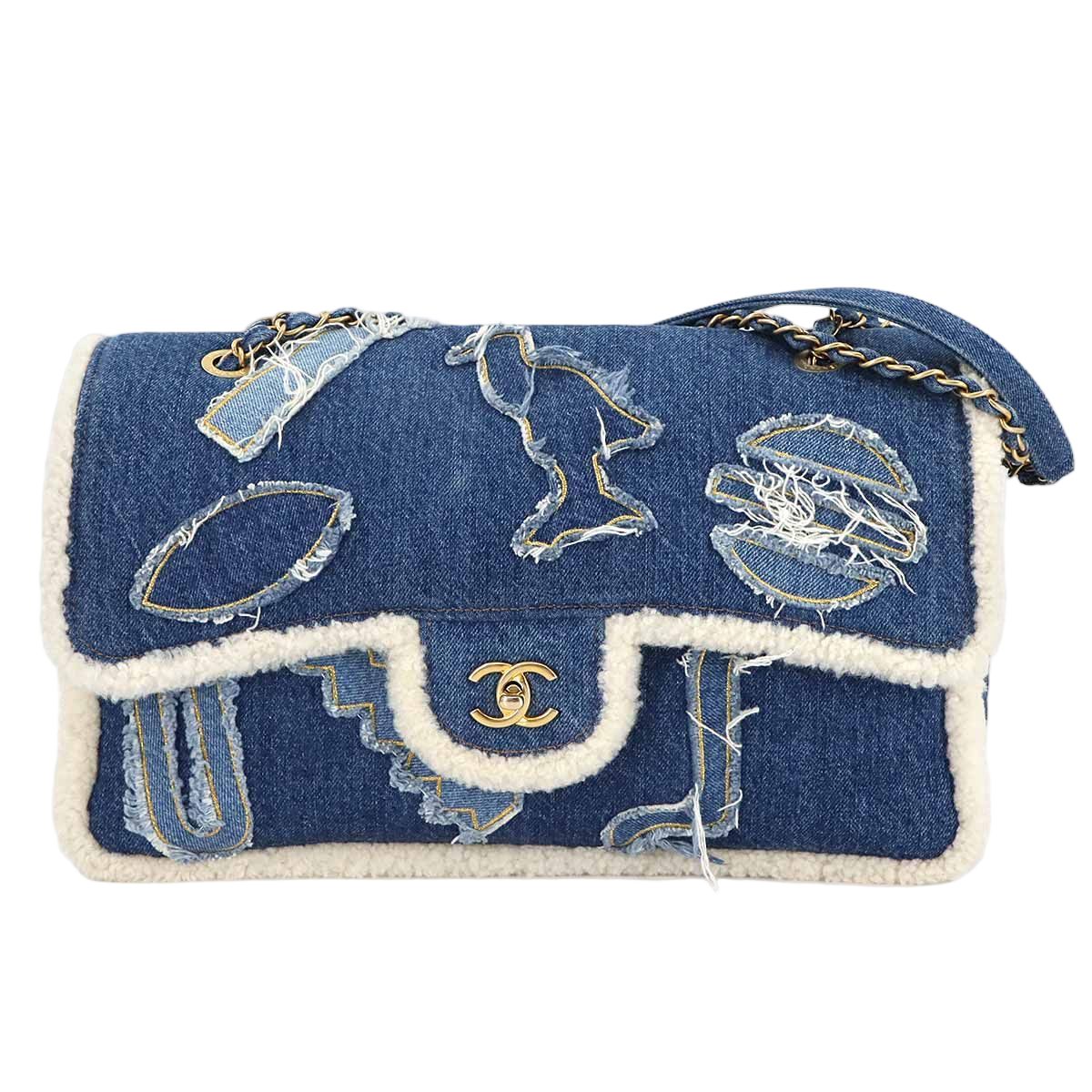 Chanel Egyptian Chain Shoulder Bag Denim Shearling Blue Gold Egypt