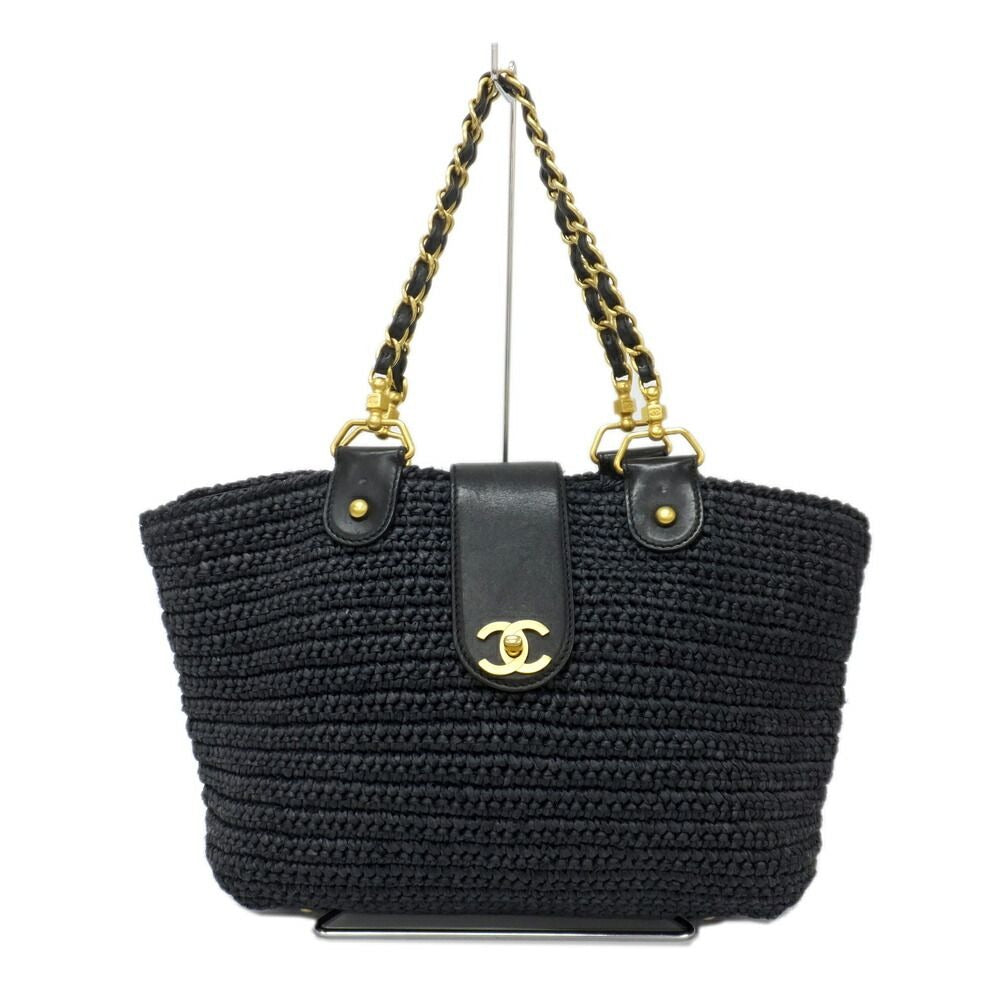 Chanel Basket Shoulder Bag Black Chain Straw Gold