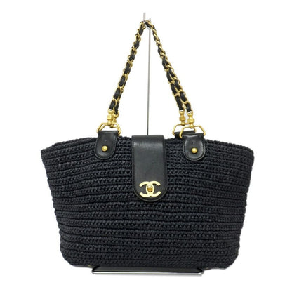 Chanel Basket Shoulder Bag Black Chain Straw Gold