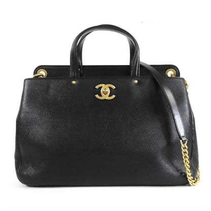 Chanel CC Logo Black Gold Caviar Leather 2-Way Tote Shoulder Bag