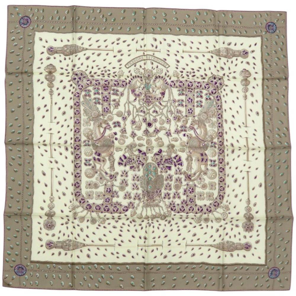 Hermes Carre 90 Hidden Treasure Tresors Retrouves Silk Cream Scarf Gray Purple