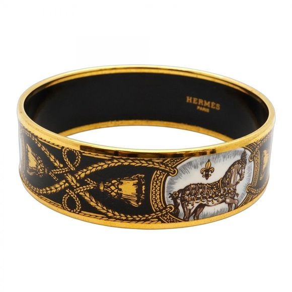 Hermes Bangle Emile GM GP Plated Cloisonne Gold Black White Ladies