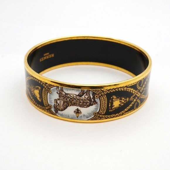 Hermes Bangle Emile GM GP Plated Cloisonne Gold Black White Ladies