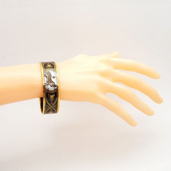 Hermes Bangle Emile GM GP Plated Cloisonne Gold Black White Ladies