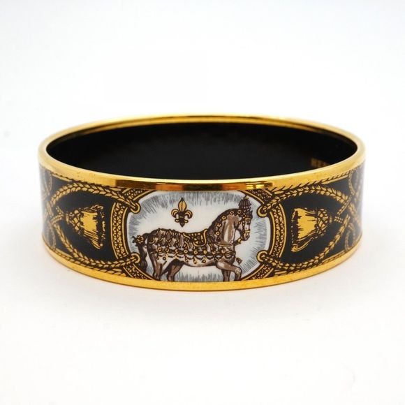 Hermes Bangle Emile GM GP Plated Cloisonne Gold Black White Ladies