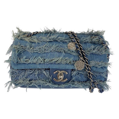 Chanel CC Logo Turnlock Blue Silver Denim Leather Chain Shoulder Bag
