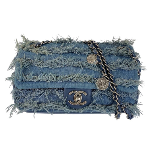 Chanel CC Logo Turnlock Blue Silver Denim Leather Chain Shoulder Bag