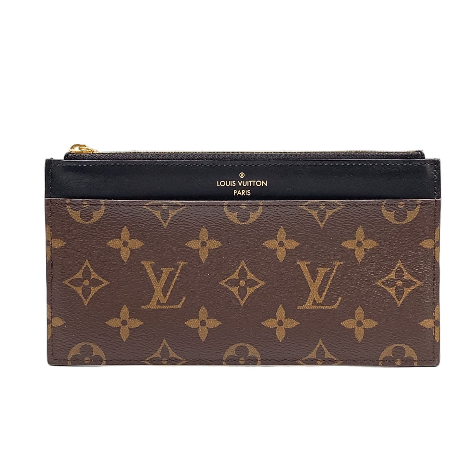Louis Vuitton Slim Purse Monogram Leather Brown Black Wallet Gold