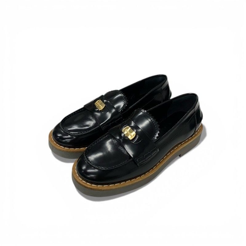 Miu Miu Miu Loafers Leather Shoes Black Gold Logo Coin Penny