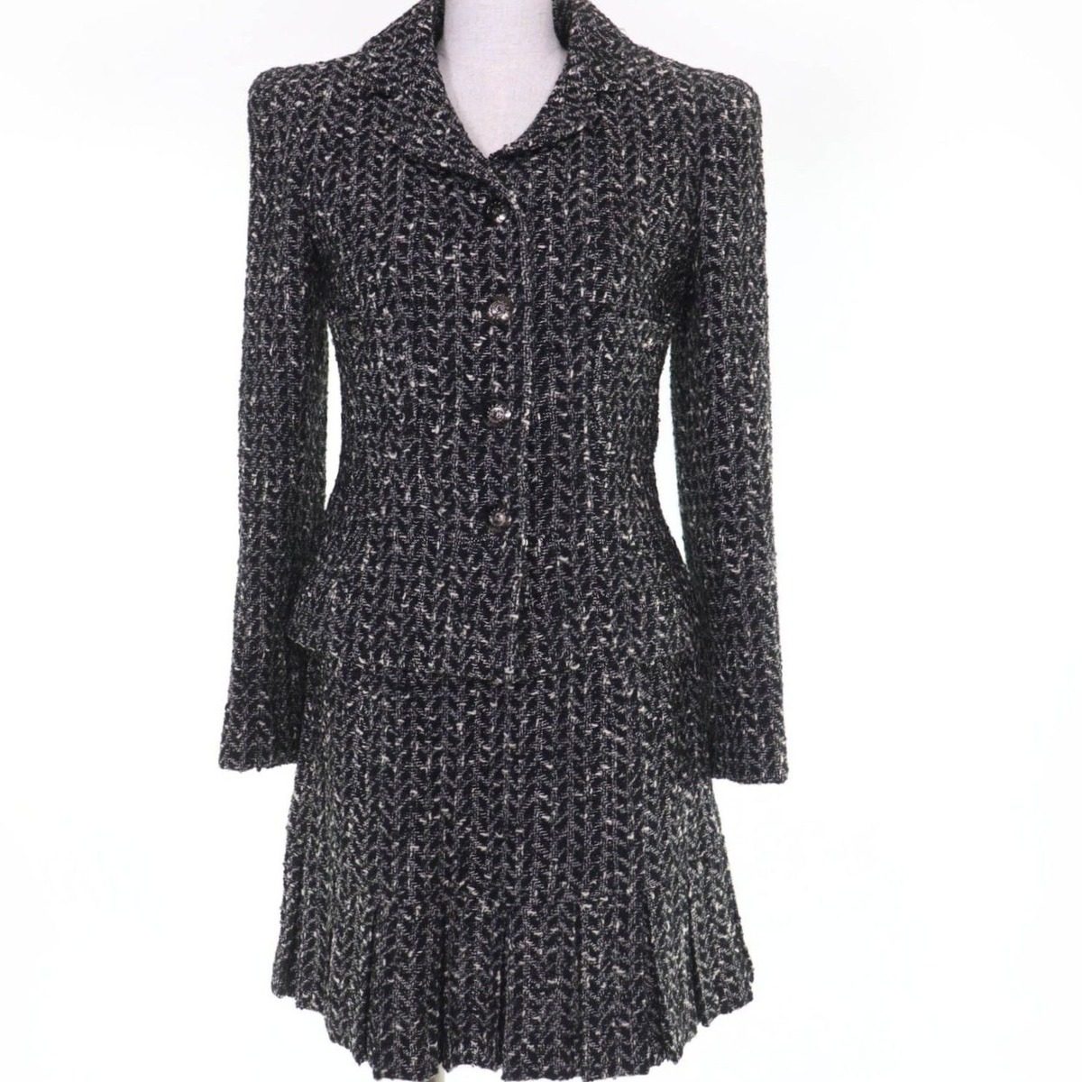 Chanel Vintage Coco Button Tweed Jacket Skirt Set Black White 38
