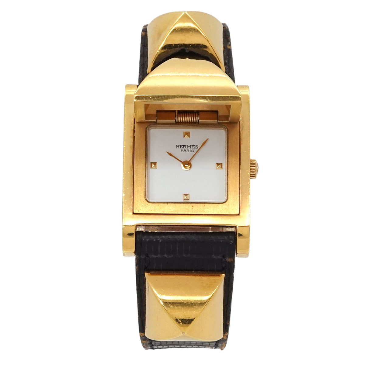 Hermes Medor Vintage Watch Pyramid Gold Studs White Leather Quartz