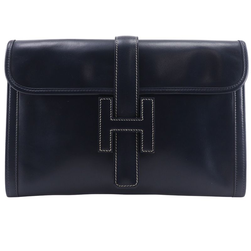 Hermes Jigier PM Vintage Box Calf Navy 0Q Unisex Clutch Bag