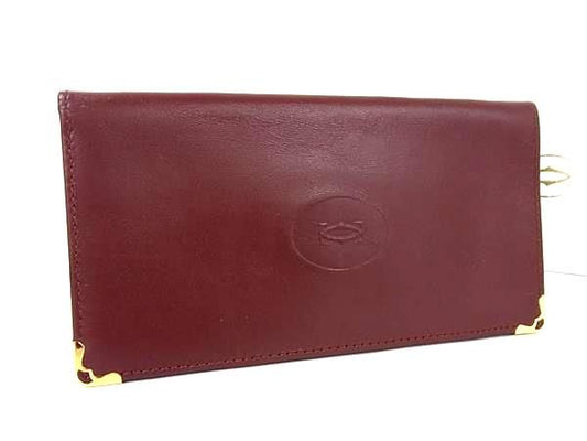 Cartier Must Line Leather Bifold Long Wallet Billfold Ladies Men Bordeaux