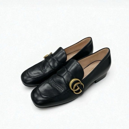 Gucci Loafer Leather Shoes Black Gold Double G GG Marmont